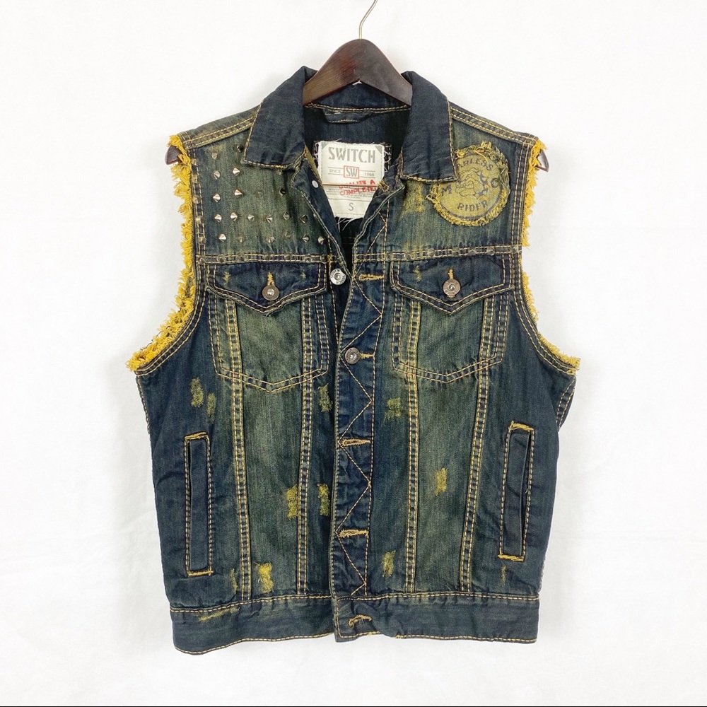 Switch | Distressed Blue Denim Studded Biker Vest